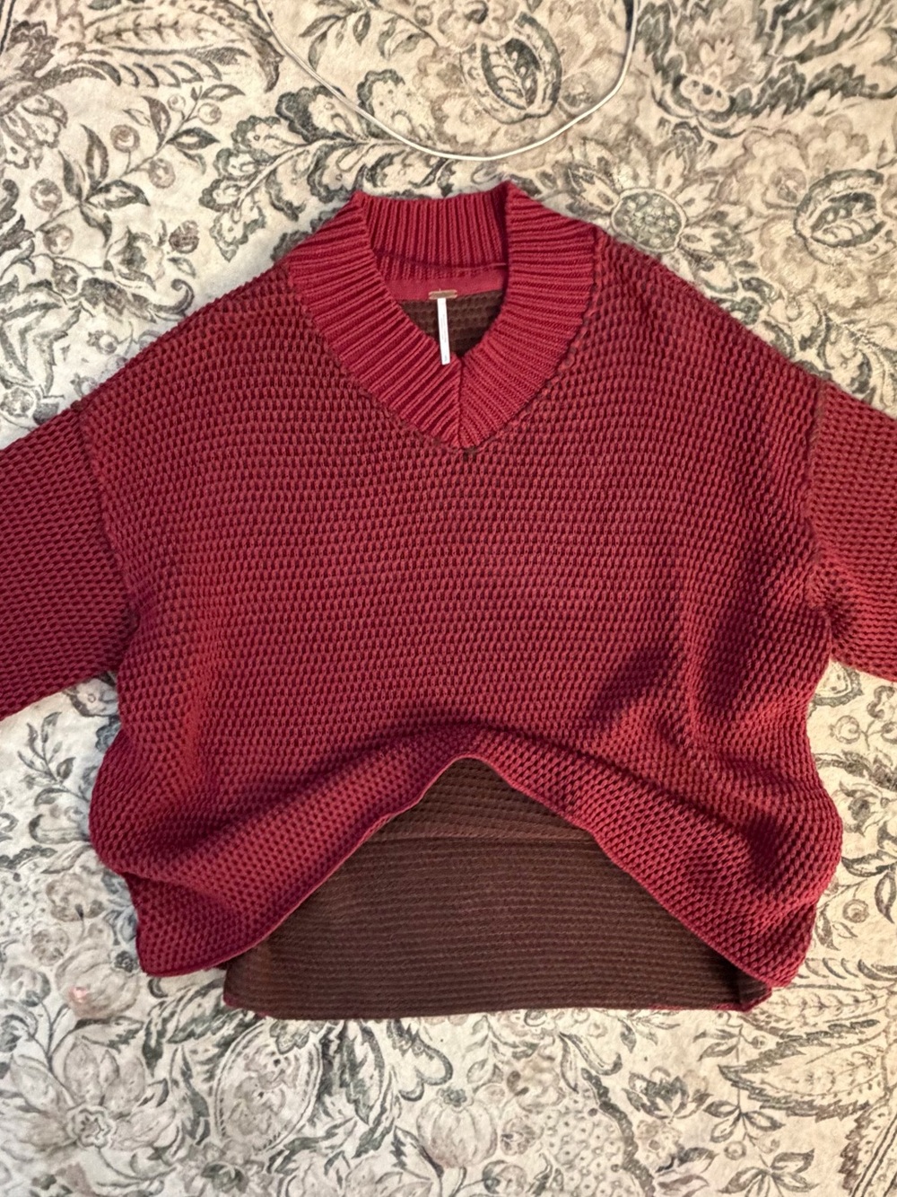 Free People Chunky V-Neck Sweater in Deep Red
